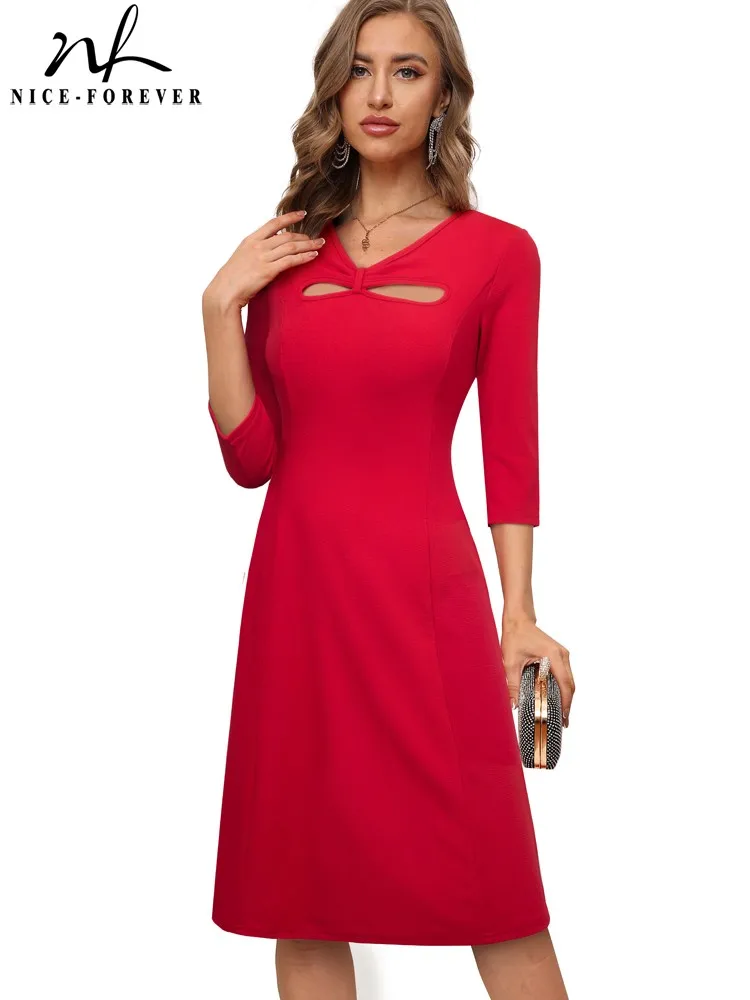 

Nice-Forever Autumn Women Classy V Neckling with Bow Plain Dresses Casual Party Retro Aline Dress A314