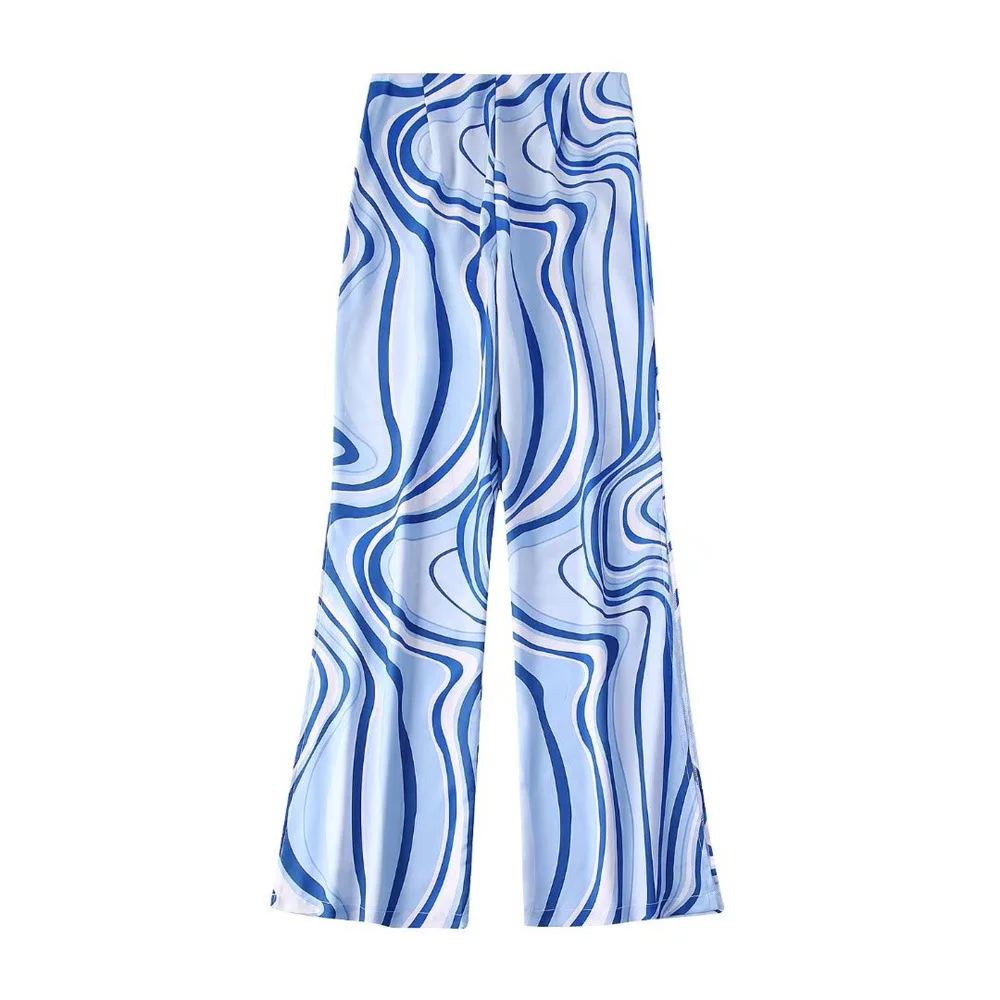 

PB & ZA2022 summer new women's clothing fashion elegant commuting blue blend wave pattern loose straight printed wide leg pants