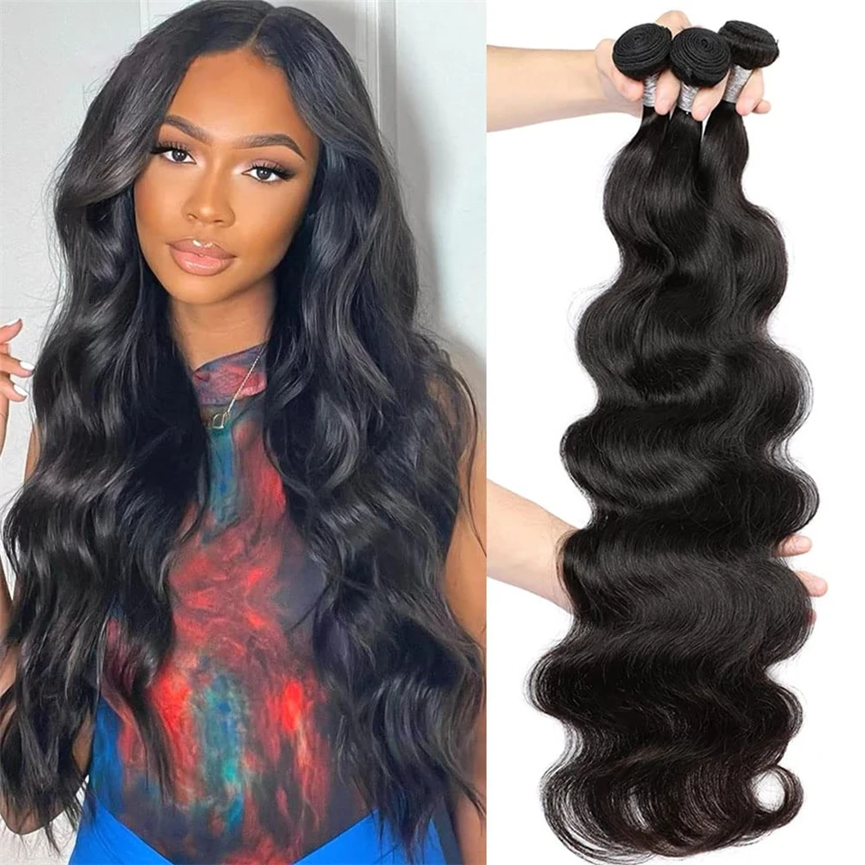

Body Wave Bundles Brazilian Remy Hair 3 Bundles Real Hair Extensions 100% Human Hair Wavy Double Drawn Weft Natural Black Color