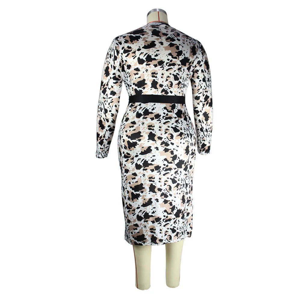 Plus Size Women's Dress  Autumn And Winter Mid-length Dress Printed Slim Belt Women Clothing Long Sleeve Bodycon Lady Maxi Dress