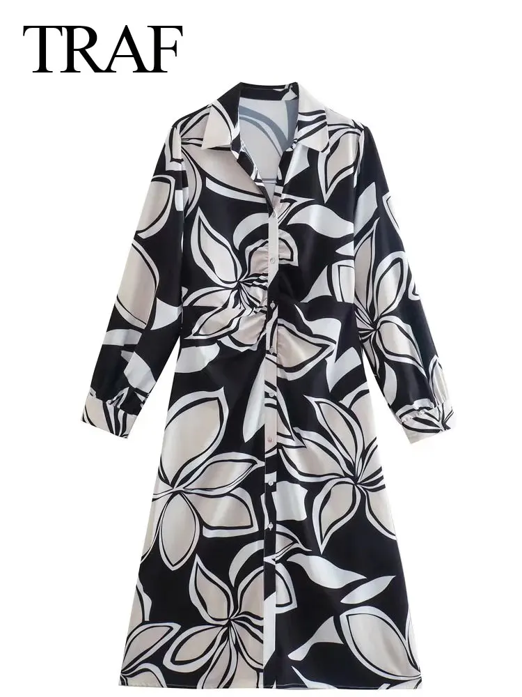 

TRAF Loose Comfortable Single Breasted Lapel Women's Dress Casual Fashion Premium Black White Floral Print Lady Long Dress