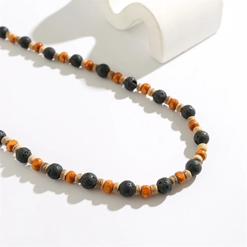 

Short Chain Black Fire Rock Wood Bead Splicing Men Necklace Women in Pendant Necklaces Vintage Bohemian Jewelry New Style