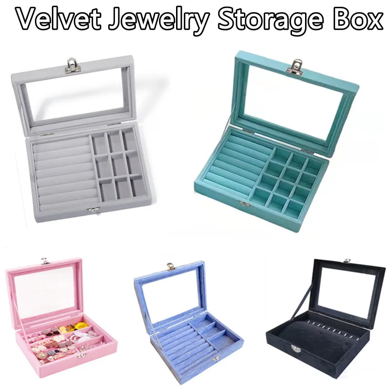 20*15*5cm Velvet Carrying Case with Glass Cover Flocking Jewelry Storage Box Ring Tray Earring Holer Necklace Organizer