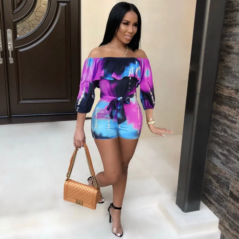 2021 Sexy Printed Layered Sleeve Belt Jumpsuits Women Summer Off Shoulder Floral Slim Playsuits Ruffled Boho Overalls for Women