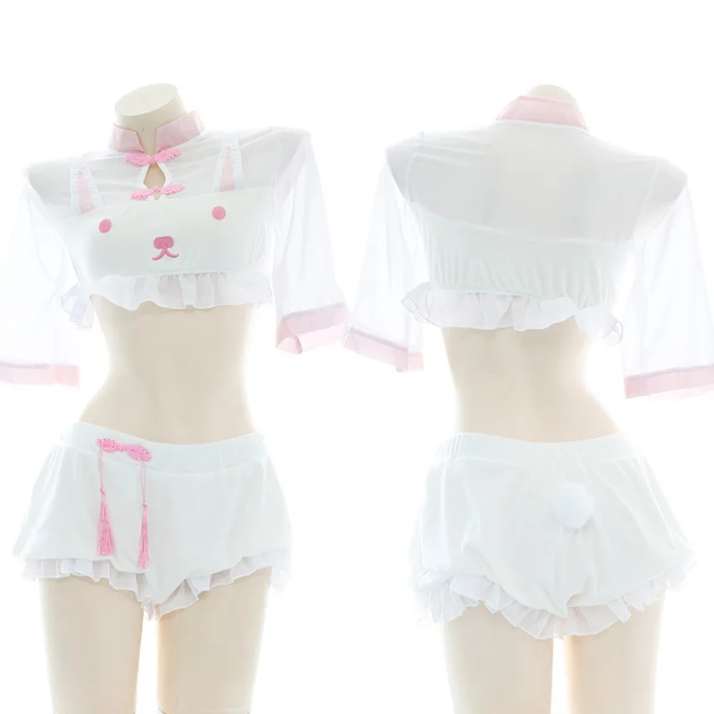 

Plush See Through Women Bunny Uniform Cute Sweet Lolita Rabbit Cosplay Costumes Ruffles Lace Sexy Lingerie Cheongsam Sleepwear