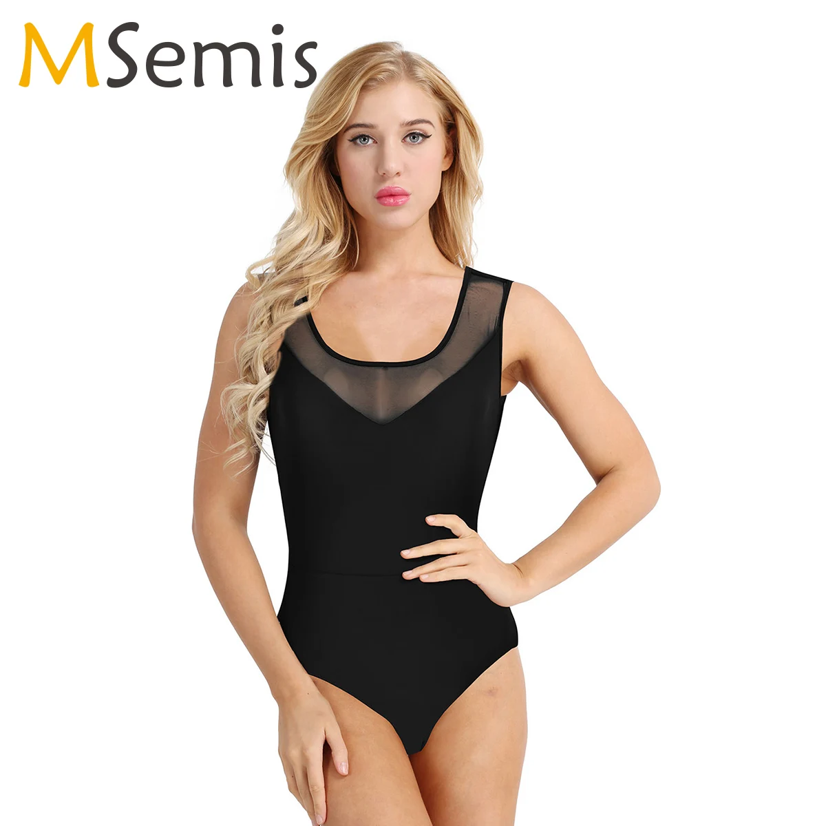 

MSemis Adult Women Ballet Leotard Women Dance Dress Swimsuit for Gymnastics Tank Criss Cross Back Mesh Splice Ballet Dancewear