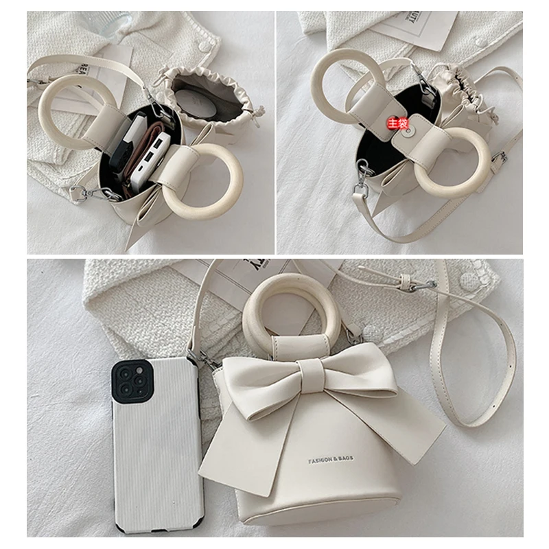 Women's Bag 2022 Trend New Solid Wood Ring Solid Color PU Portable Bucket Bag Fashion Bow One Shoulder Messenger Bag