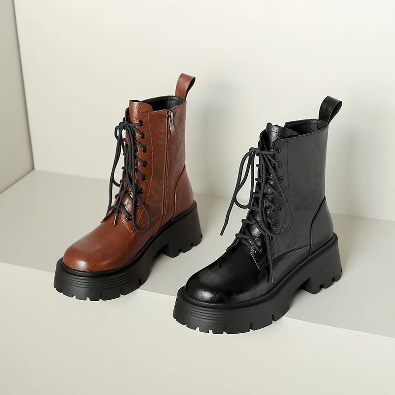 

2023 new autumn winter Women ankle boots natural leather 22-25cm cowhide modern boots side zip lace up platform boots