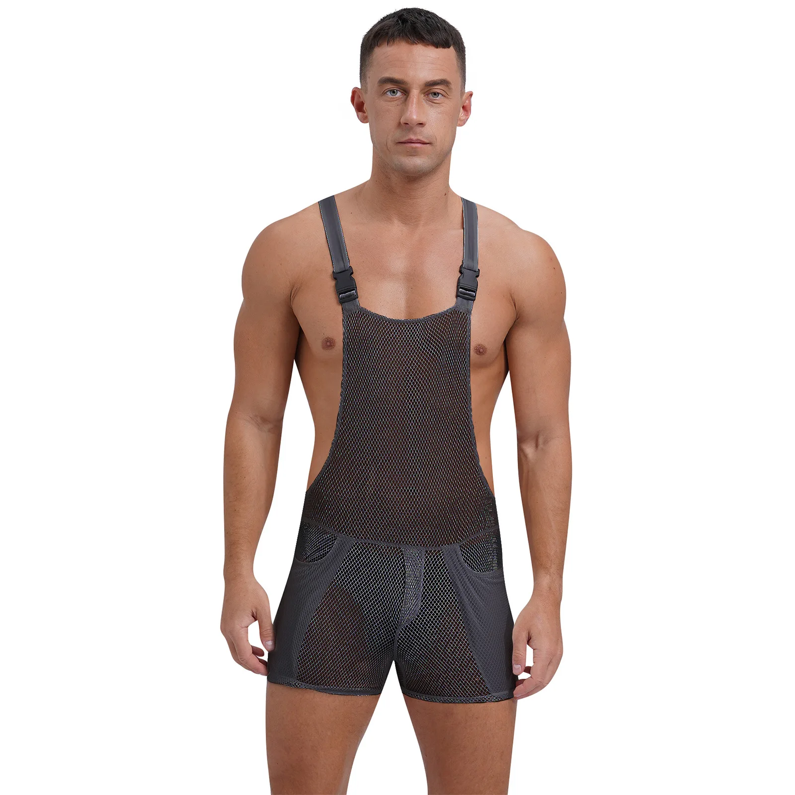 Мужские прозрачные сетчатые комбинезоны боди с вырезами застежкой-молнией