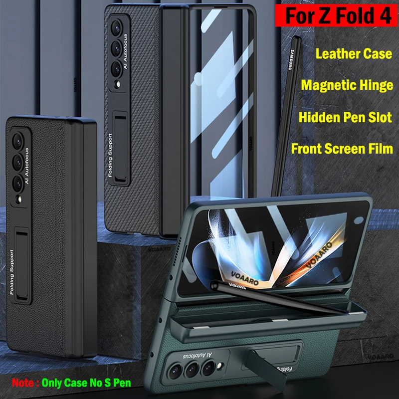 

Magnetic Full Hinge Protection for Samsung Galaxy Z Fold 4 Leather Case Hidden S Pen Slot Holder Box Front Film Stand Cover
