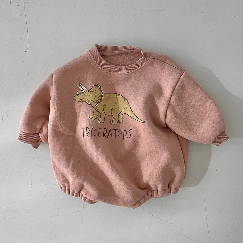 2022 New Winter Baby Girl Boy Romper cartoon dinosaur Long Sleeves Terry sweater Triangle Jumpsuit Kids Clothes E2581 images - 6