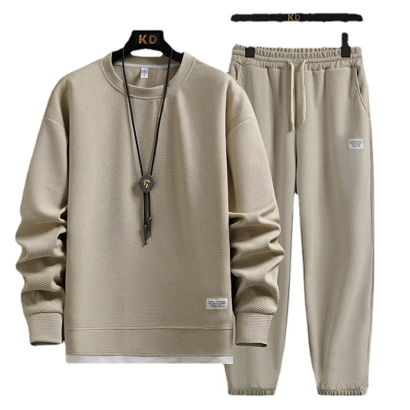 Spring 2023 New round Neck Waffle Sweater Suit Men's Loose Fashion Casual Pants Sports Two-Piece Long-Sleeved Trousers