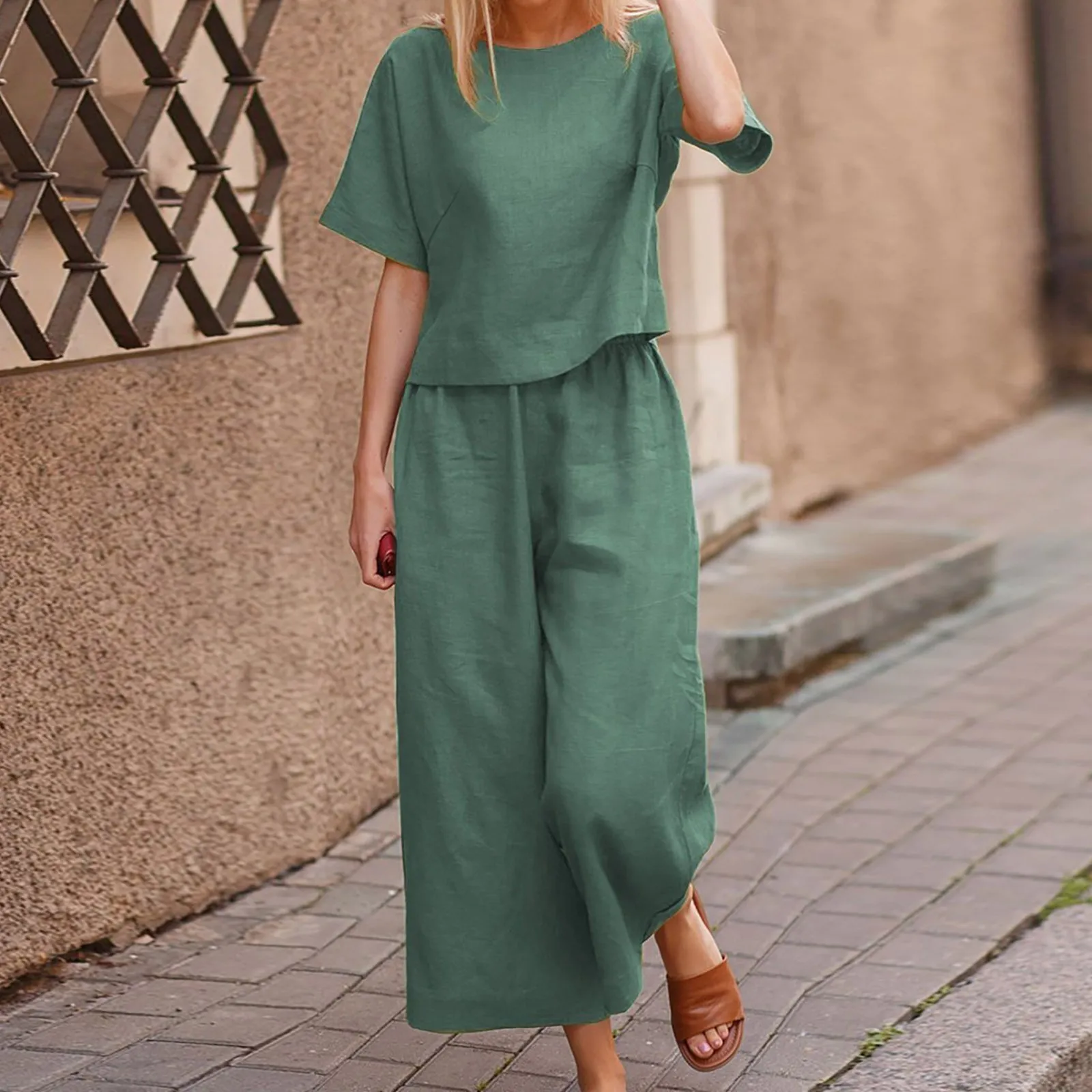 Костюм женский из хлопка и льна модный Удобный однотонный Повседневный