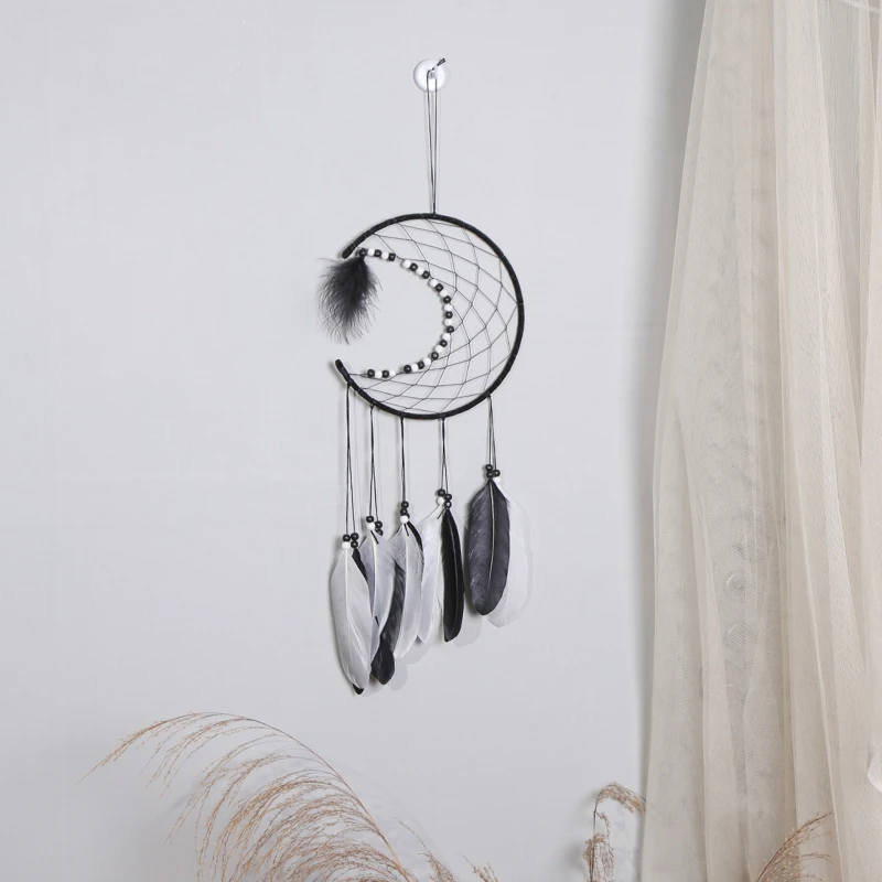

Ловец снов в виде Луны ручной работы, подвеска в виде полумесяца с перьями, настенное украшение, украшение для дома, художественное украшени...