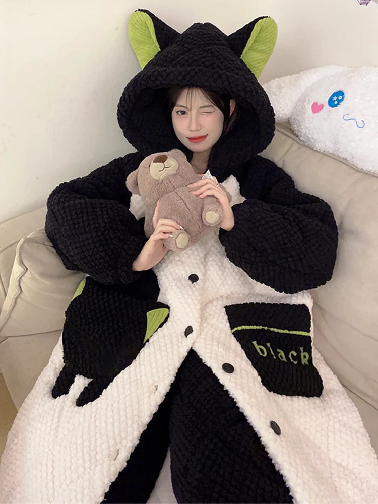 Autumn and Winter 2024 New Three-Layer Quilted Women Nightgown Coral Fleece Pajamas Fleece-lined Thickened Homewear Set