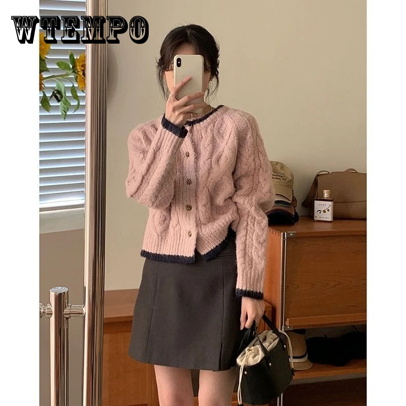 

Pink Fried Dough Twists Long Sleeve Sweater Cardigan Coat Women's Casual Loose Fit Autumn and Winter Chic Short Knitwear 2023