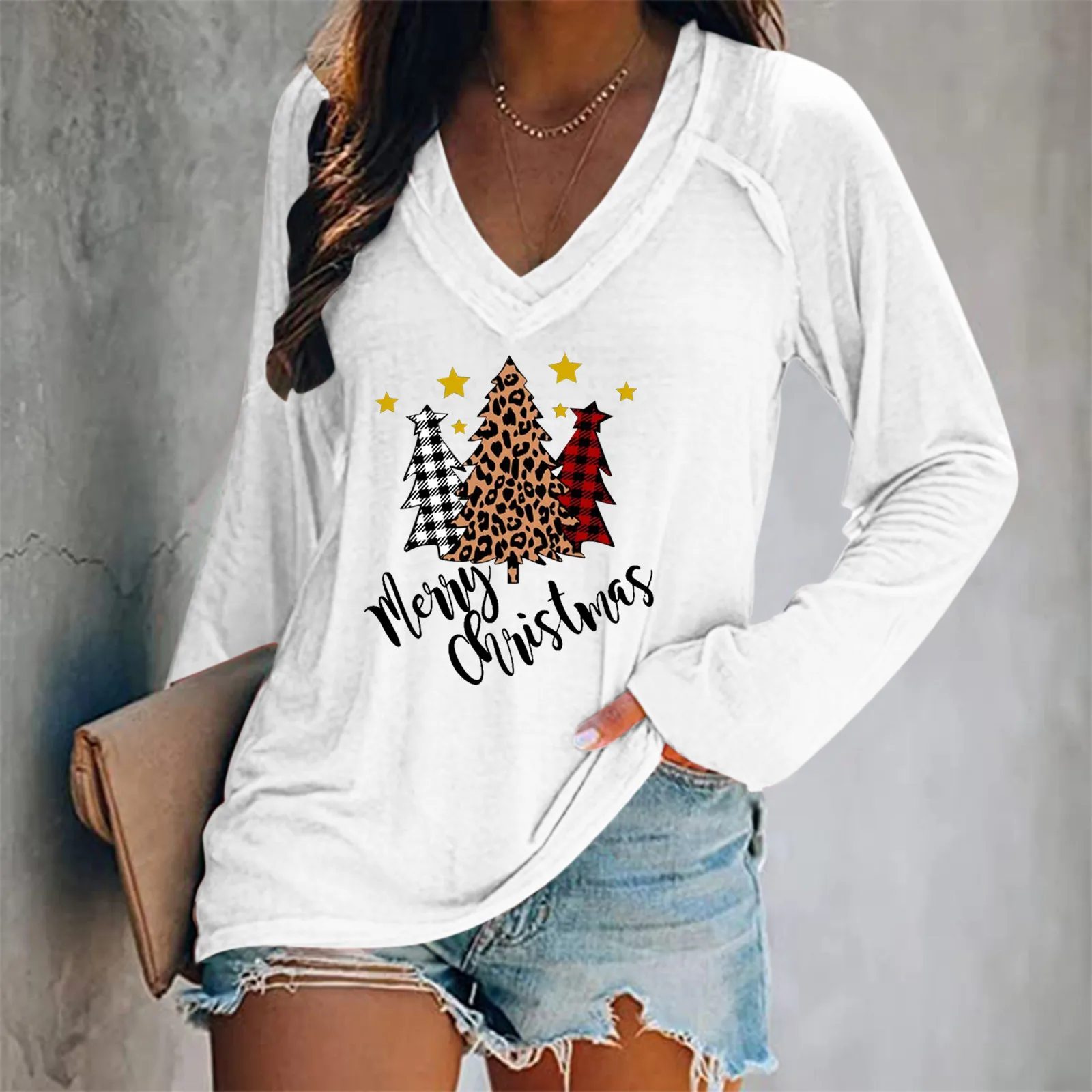 

Women Christmas Casual V-Neck Printing Long Sleeve Top T-Shirt Blouse Long Sleeve Cotton for Women
