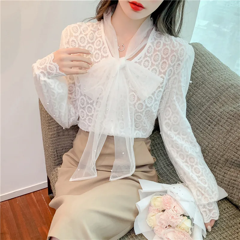 

Pullover Lace Ladies Tops Spring Autumn 2022 New Beaded Mesh Lace Up Bow Neck Long Sleeve Lace Women Shirts Blusas Mujer 58F