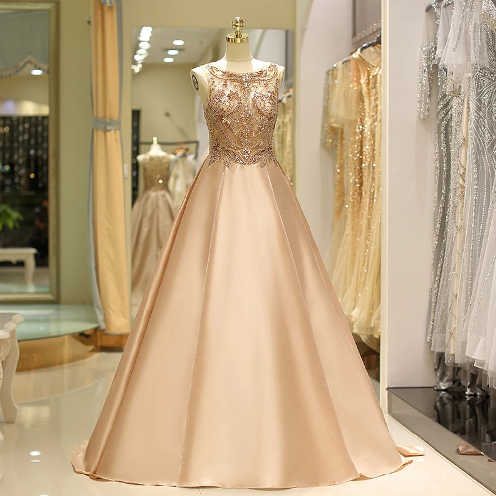 

Floor Length Cocktail Scoop Formal Sleeveless Evening Zipper Party Sweep Train Lady Beads Gown Prom Dress