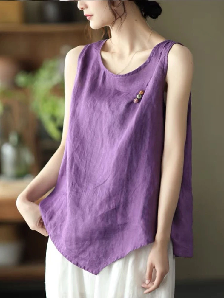

Oversized Summer Tops Women's Clothing Irregular Blouses Vintage Casual Sleeveless Tank Top Female Solid Tunic Cotton Chemise