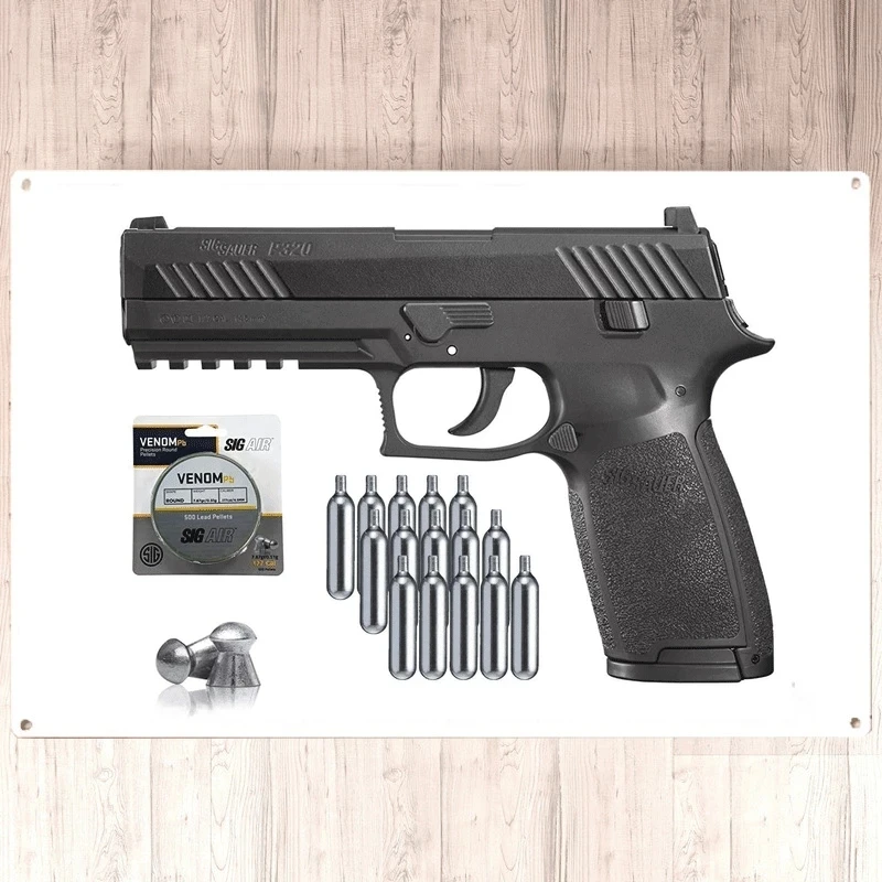 

Новинка, низкая цена, пневматический пистолет SIG Sauer P320 с CO2 12 грамм (15 пакетов) и 500 гранул свинца, настенный жестяной знак 8*12 дюймов