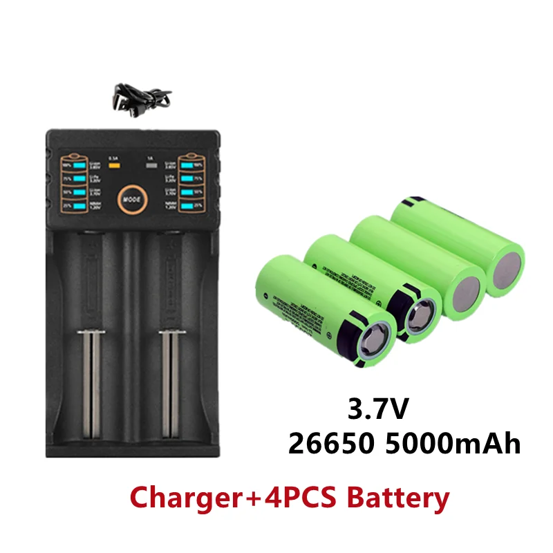

100% neue Original hohe qualität 26650 batterie 5000mAh 3,7 V 50A lithium-ionen akku für 26650A LED taschenlampe + ladegerät