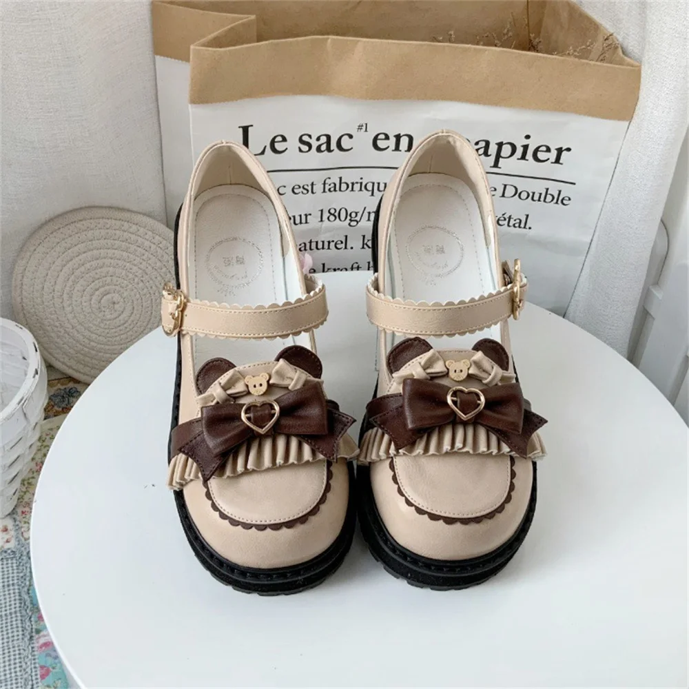 Kawaii Bowknot Bear Lolita Shoes Japanese JK Uniform Shoes Retro British College Style Female Student Lovely Round Toe Shoes