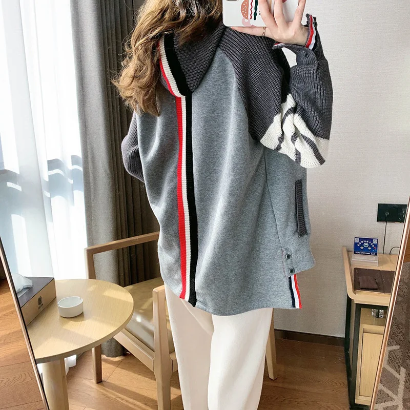 Korean Chic Classic TB Style Striped Knit Women Sweater Cardigan 2022 New Spring Grey Zipper Pocket Loose Casual Hooded Jacket