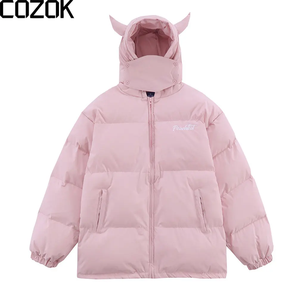 

Уличная парка с капюшоном, Женская куртка с розовым дьявольским Рогом, дизайнерские мягкие куртки Y2k, зимние Утепленные парки большого размера в стиле Харадзюку