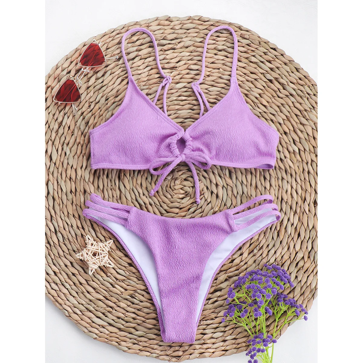

Spoondrift Textured Drawstring Cutout Bikinis 2023 Triangle Top Swimsuit Push Up Swimwear Solid Purple Bathing Suits Beachwear