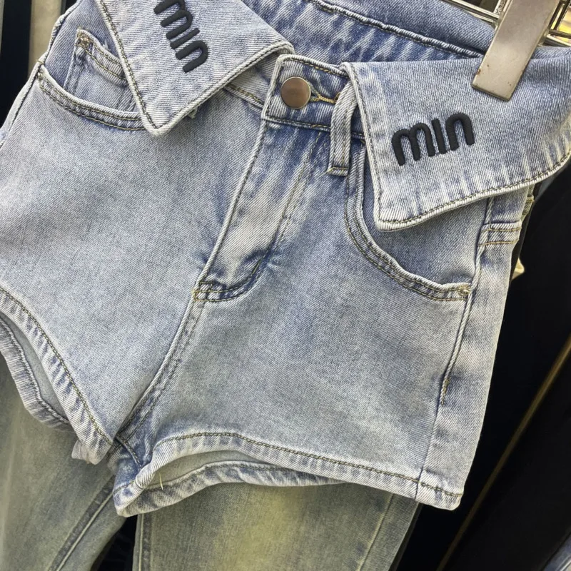 Женские джинсовые шорты широкие брюки с высокой талией и отложными карманами в