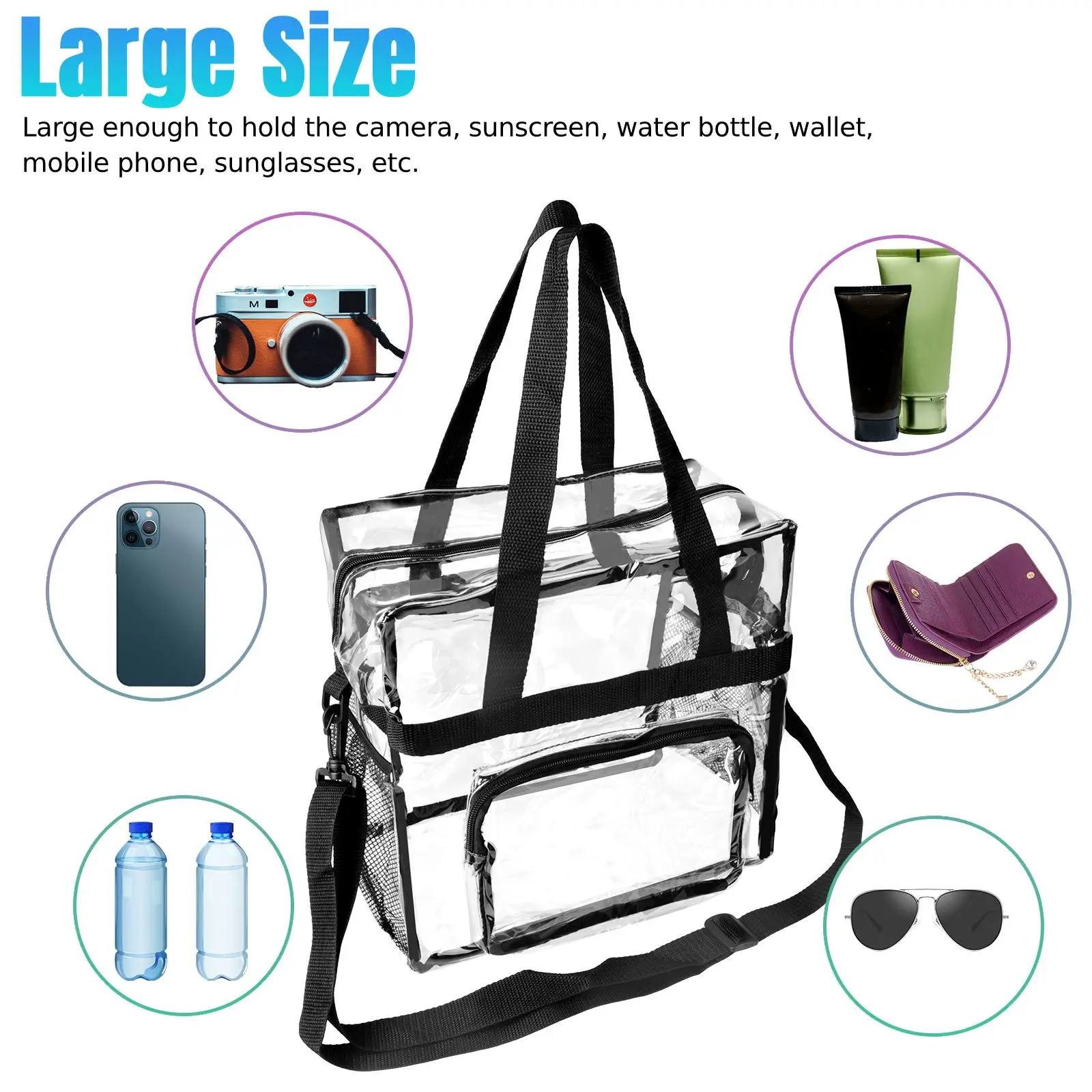 Clear Tote Bag, Clear Bag for Stadium, Clear Plastic Crossbody Bag with Adjustable Strap, Waterproof Messenger Handbag, Travel a