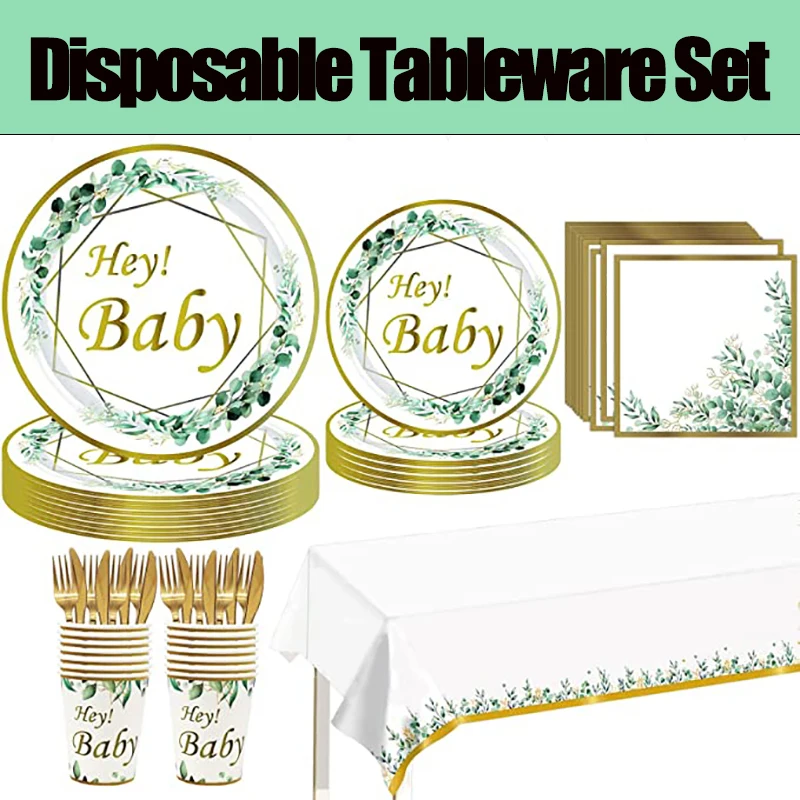 

20Set Baby Shower Disposable Tableware Set Gender Reveal Party Greenery Supplies Hey Baby Napkin Plate Bridal Shower Theme Party