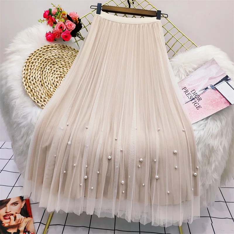 Both Sides Wear Pearls Mesh Skirt Women Spring Velvet High Waist Long Skirts Woman Solid Color A Line Pleated Skirts