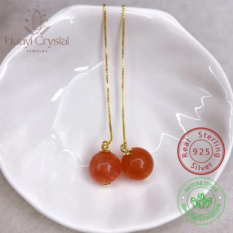 

S925 Silver Acacia Bean South Red Agate Ear Wires for Women 925 Sterling Silver Tassel Simple Long Earrings Round Bead Ear Beads