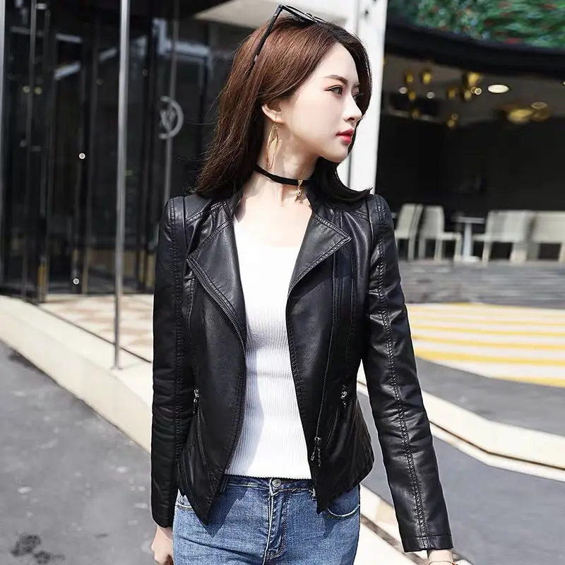 1pcs Women's Short PU Leather Suit Jackets 2022 Autumn Fashion Faux Fur Splicing Irregular Black Ladies Skinny Locomotive Coats