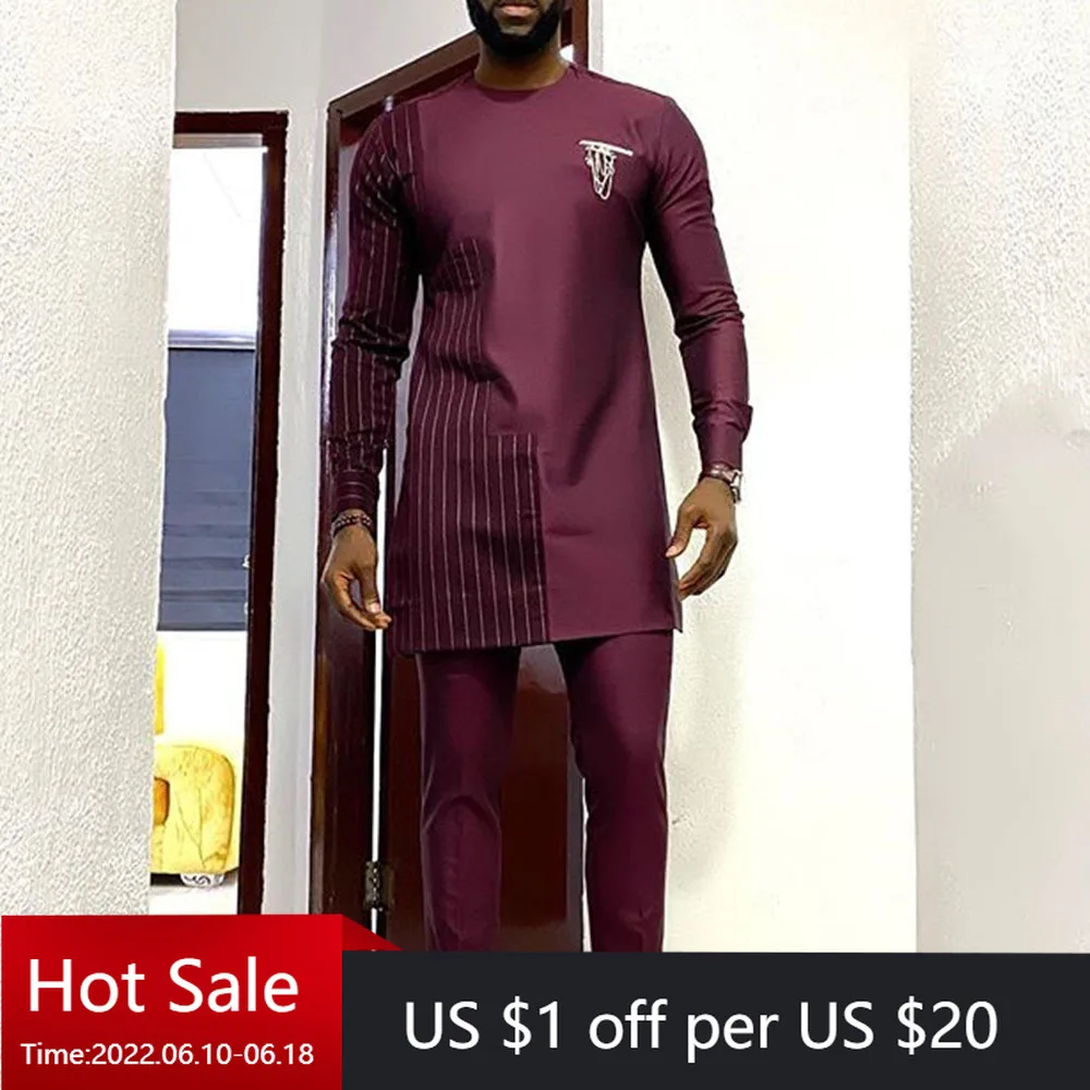 Dashiki T-shirt Men's Summer and Autumn Round Neck Striped Print Long-sleeved African Ethnic Style Men's Suit M-4XL