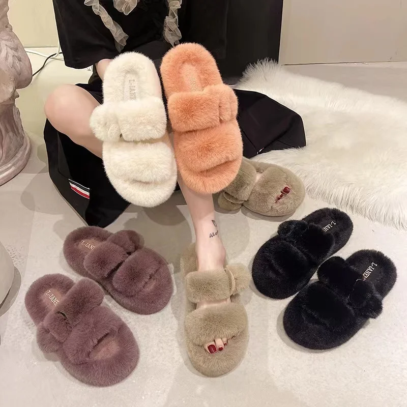 Shoes for Women 2023 New Fluffy Fur Slippers Women Winter Warm Solid Color Versatile Lovely Casual Footwear Soft Chinelos Planos