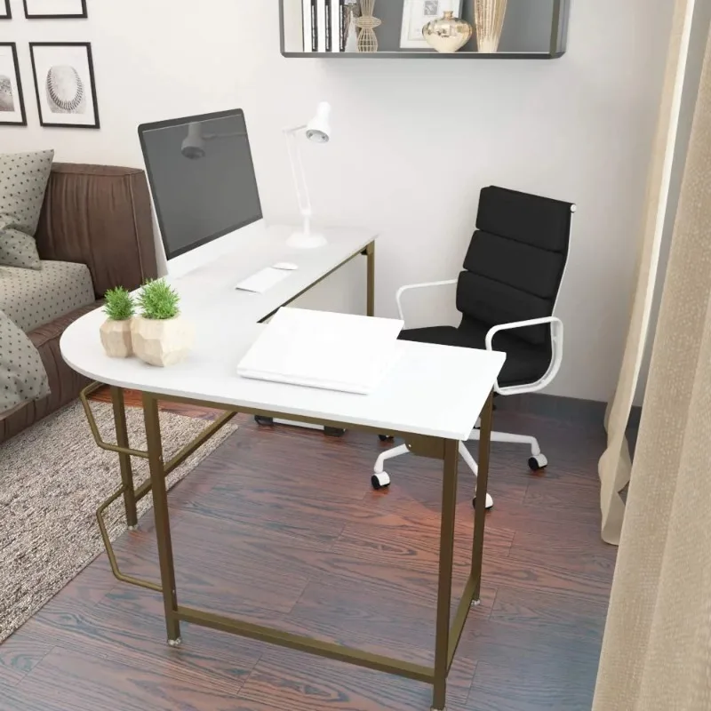 

LISM современный L-образный компьютерный стол PC Latop угловой стол для дома и офиса, белый с золотой рамкой