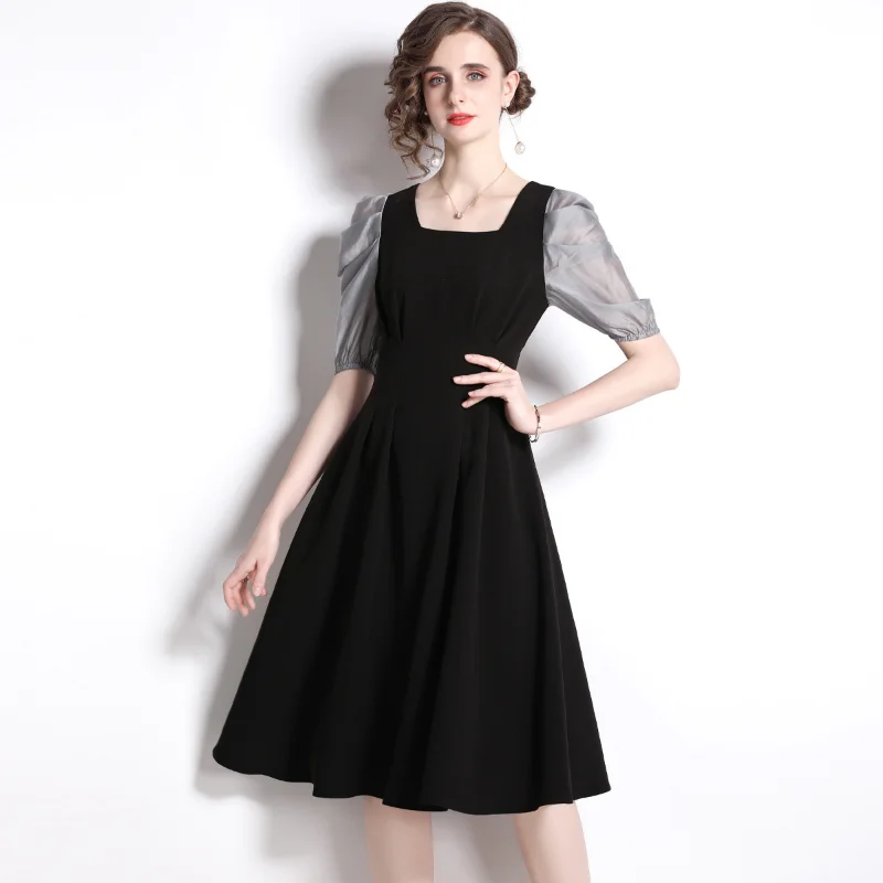 

Женское плиссированное платье с пышными рукавами, Элегантное маленькое черное платье знаменитости с квадратным вырезом и широкой юбкой, лето 2022