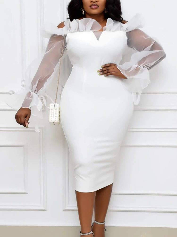 

Sexy Women Party Dress Slim Fit See Through Sleeve Off Shoulder Backless White Wedding Bride Dress Spring Summer Office Fashion