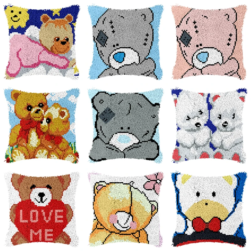 

DIY Hand Knitted Embroidered Cushion Cover Unfinished Pillow Embroidery kits Material Latch Hook Cartoon bear garen om te haken