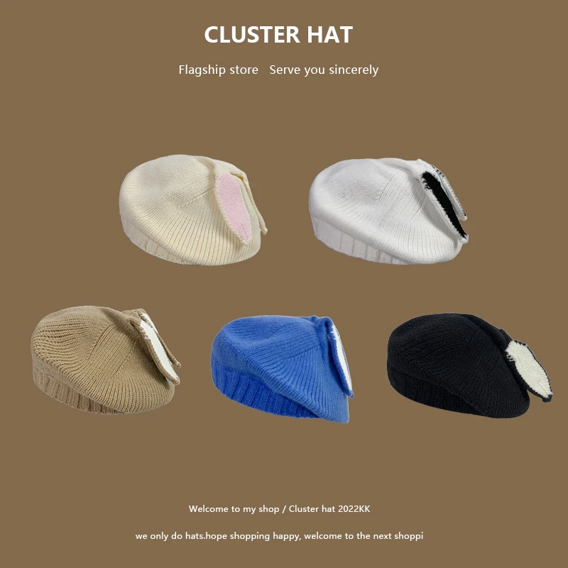 

Японский милый берет, Женская милая вязаная шапка художника с кроличьими ушками, зимняя Модная студенческая шапка художника в стиле Хань ...