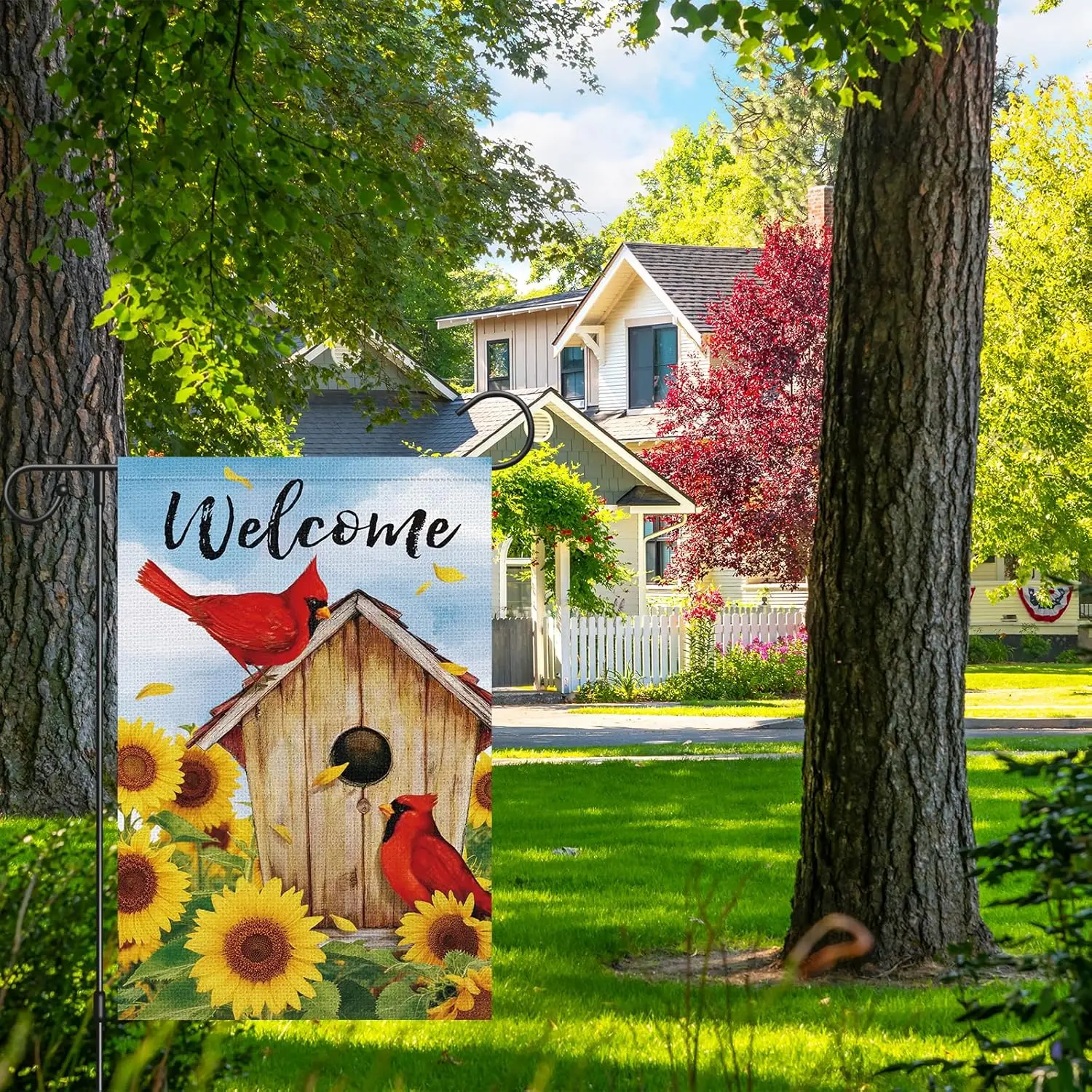 Фото Флаг для сада Heyfibro Summer Welcome с изображением кардинала, 12x18, двусторонний, из мешковины, весенне-осенний баннер с подсолнухами для двора, серия Rust AAS №2