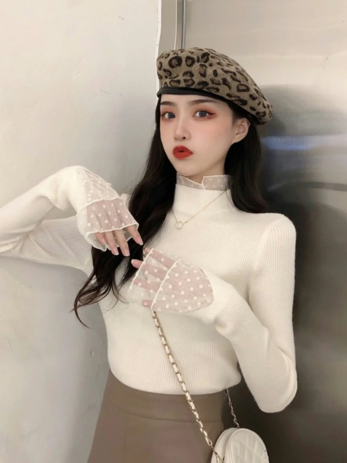 Вязаный кружевной свитер с полувысоким воротником облегающий дизайн Sense Chic Advanced