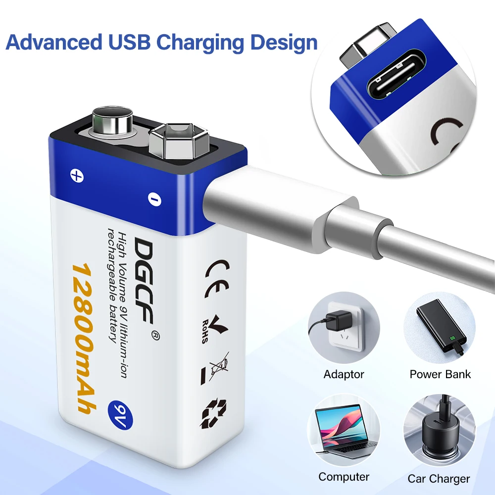 

6F22 9V USB Rechargeable Battery for Multimeter KTV Microphone Smoke Detectors Metal Detector RC Helicopter Electric Guitar Toy