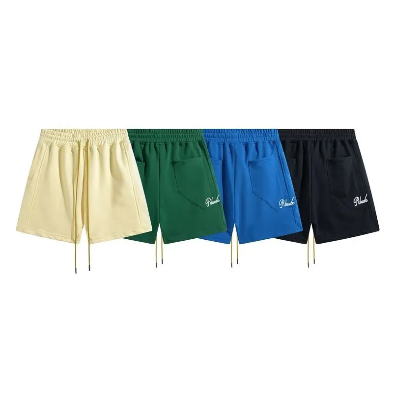 

2023 RHUDE embroidered retro drawstring shorts summer men's and women's pure cotton trendy brand straight thin five-point pants