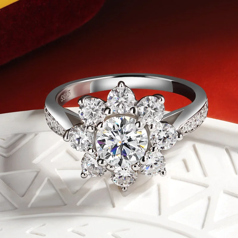 Фото Кольца Onnelik 6MM D Color Sunflower Full Moissanite, 2.126cttw, из стерлингового серебра S925, свадебные и обручальные ювелирные изделия для женщин №3