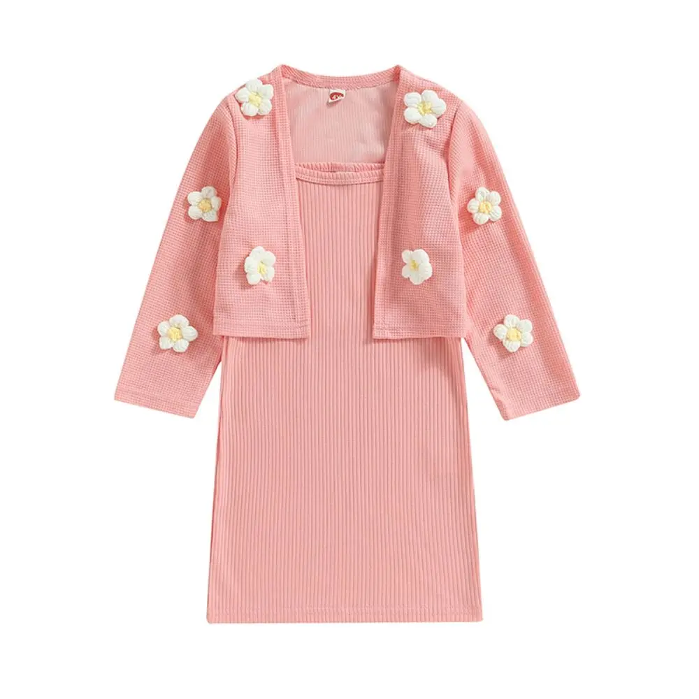 

2023 Autumn Kids Toddler Girl Fall Outfits Sleeveless Strap Dress + Long Sleeve Flower Cardigan Set Pink Clothes 4-7T