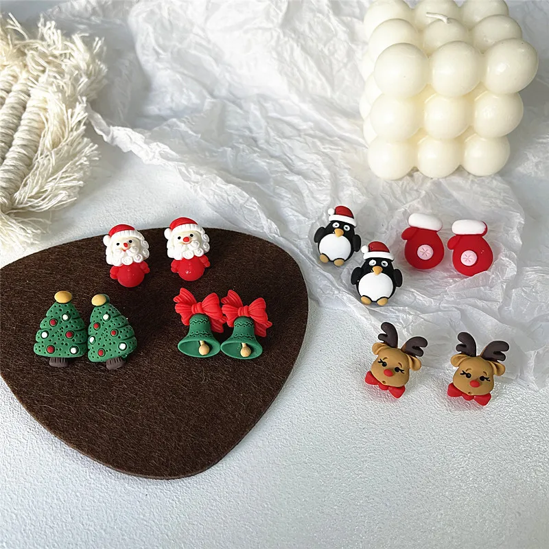 

Christmas Theme Polymer Clay Studs Earrings for Girls Women Cute Snowman/ Santa Claus/Reindeer/Bell Jewelry Holiday Accessories